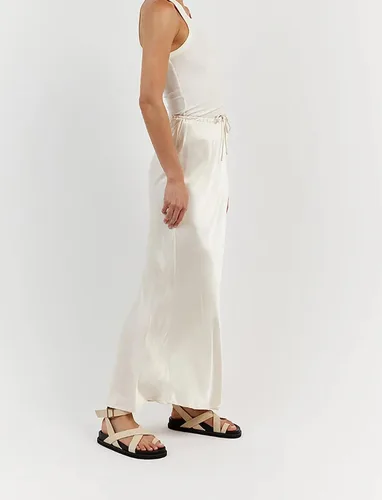 Vista 4 de Meladyan Falda larga larga con cordón para mujer, cintura alta, elástica, acampanada, lisa, ajustada, para salir, casual, midi