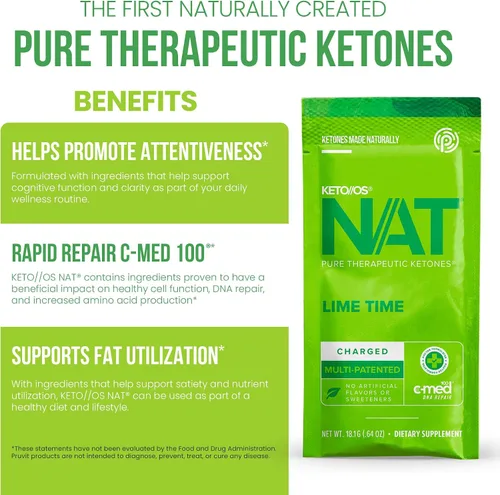 Vista 4 de Pruvit Keto/ OS NAT - Lime Time - Cetonas terapéuticas puras cargadas con C-Med 100, mezcla multipatentada, sin sabores artificiales, 20 sobres