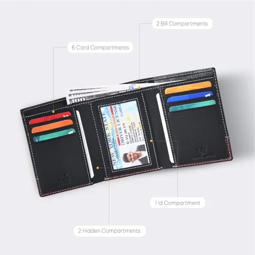 Vista 2 de Cartera de cuero genuino RFID bloqueo delgado Trifold para 6 tarjetas+1 ventana de identificación+2 compartimentos de anotaciones., cartera Rfid, S