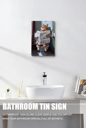 Vista 4 de Zomyto Tabby Cat Reading The Newspaper On WC, divertido decoración de baño, arte de pared, retro, letrero de metal con animales para baño