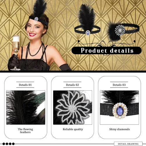 Vista 3 de Ceenna 24 piezas de 1920 diadema de plumas negras para mujer, accesorio de disfraz de pelo de los años 20