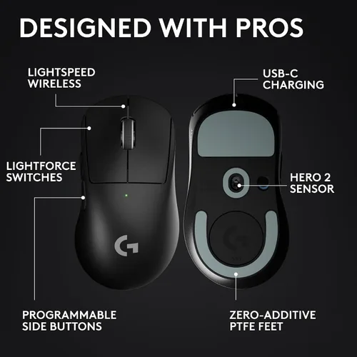 Vista 6 de Logitech G PRO X Superlight 2 DEX Lightspeed - Mouse inalámbrico para juegos, 2.12 onzas, calidad profesional con 5 botones programables, carga