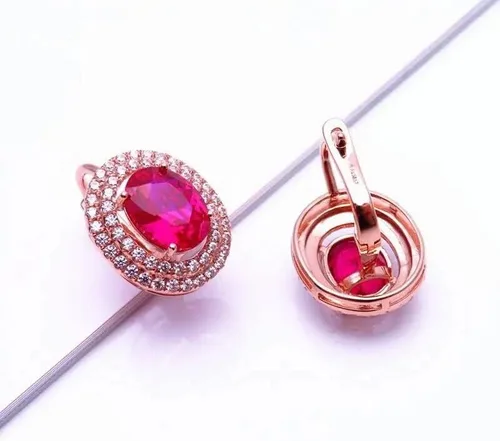 Vista 4 de SAGEKING 2024 New 585 Purple Gold Plated 14K Rose Gold Inlaid Oval Ruby Earrings For Women Elegant Hollow Crystal Charm High Jewelry Gift Fashion