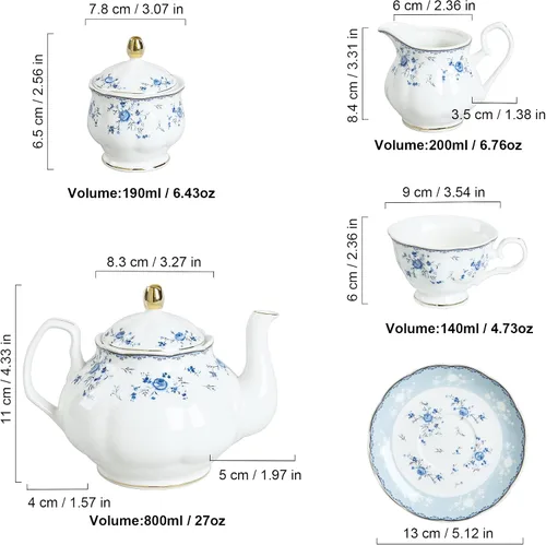 Vista 6 de fanquare Juego de té de porcelana de rosa azul, tetera floral británica con tazas de té, juego de fiesta de té para mujer para 6