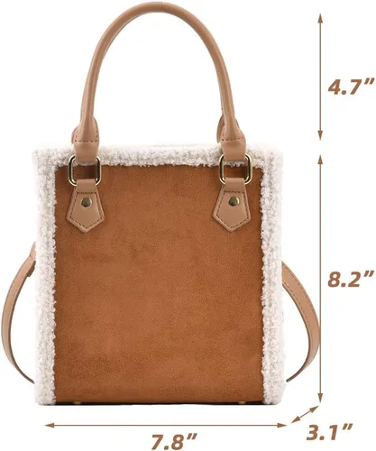 Vista 6 de Mudono Bolsos de mano para mujer, bolso pequeño de gamuza, bolso cuadrado cruzado al hombro con ribete de piel de oveja sintética y correa