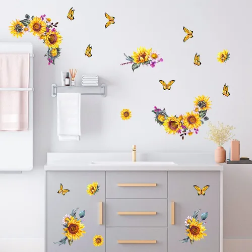Vista 4 de Calcomanías de pared de girasol de acuarela, creativas calcomanías de pared de flores amarillas 3D, calcomanías de mariposa de sol para despegar