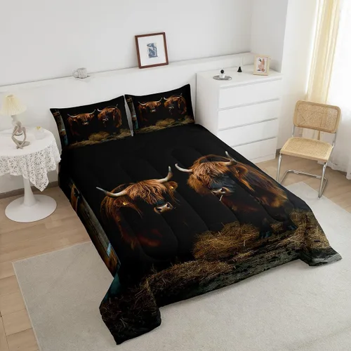 Vista 4 de Ropa de cama con estampado de vaca marrón tamaño individual, juego de edredón rústico de piel de vaca con calavera de vaca, relleno de edredón