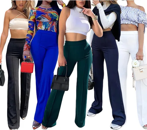 Vista 2 de IyMoo Pantalones elásticos de pierna ancha para mujer, pantalones casuales con cremallera en la espalda, cintura alta, vestido recto, pantalones
