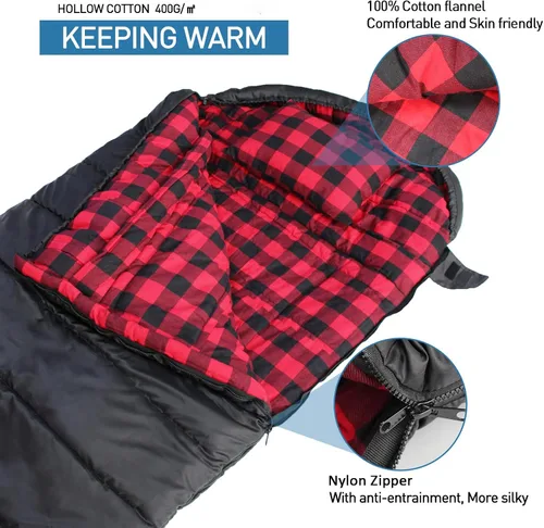 Vista 3 de Keencamp Saco de dormir de 0 grados de franela de algodón para invierno, clima frío para adultos, XXL saco de dormir de 4 estaciones, grande y alto