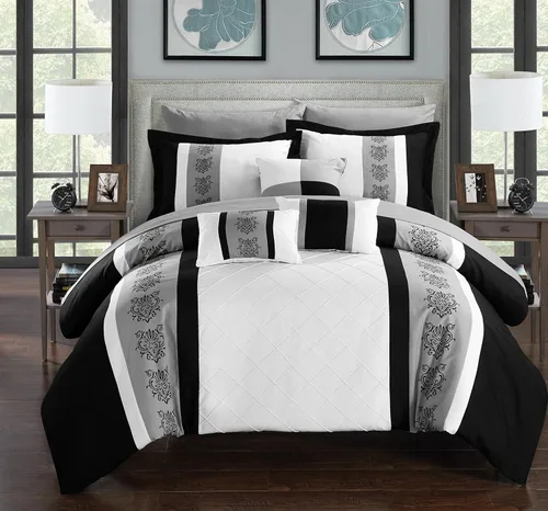 Vista 3 de Juego de ropa de cama de 10 piezas Chic Home con edredón con cierre fruncido, para cama king, todo en una bolsa