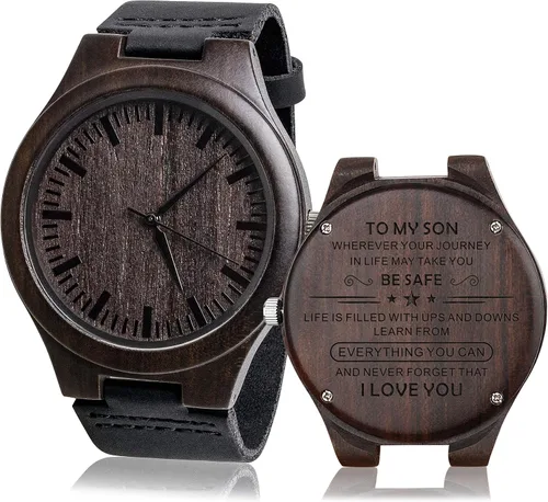 Vista 13 de Reloj de madera grabado personalizado, regalo para hijo de padres como idea de madera personalizada de Navidad, cumpleaños, graduación, con correa