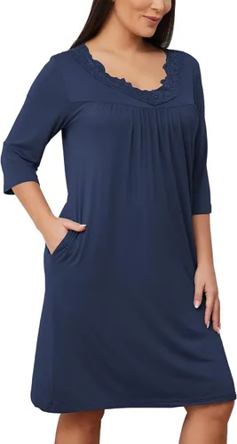 Vista 5 de YYA Nightgowns for Women 34 Sleeve Sleepwear Lace Comfy Sleep Gowns Pleated V Neck Plus Size Nightshirt S-4XL