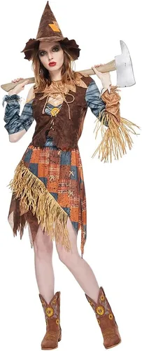 Vista 3 de EraSpooky Disfraz de espantapájaros malvado para mujer, kit de vestido de paja para Halloween