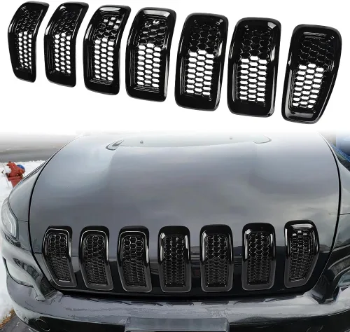 Vista 9 de JSCARLIFE J-eep Cherokee 2014-2018 - Kit de 7 piezas de insertos de rejilla de panal de abeja, cubiertas de malla estilo OEM, instalación con clip