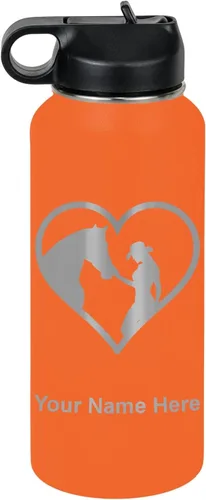 Vista 54 de LaserGram Botella de agua personalizada, corazón de vaquera de caballo, acero inoxidable de doble pared aislada al vacío con popote superior, regalo