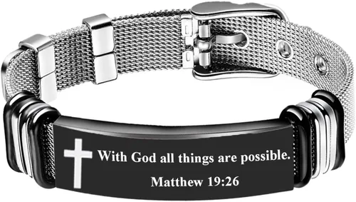 Vista 14 de Pulsera de Cruz para Hombres de Acero Inoxidable Pulsera Cristiana Joyería Religiosa con Diseño de Malla Moderno Regalo de Personalidad para Hombres