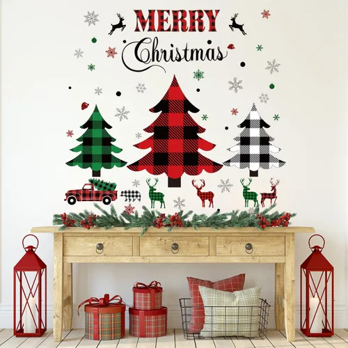 Vista 3 de Adhesivo de pared de Navidad, árboles de Navidad, calcomanías rústicas de búfalo a cuadros de árbol de Navidad, calcomanía de pared de árbol