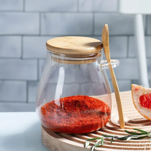 Vista 3 de Joeyan Tarro de vidrio con tapa hermética de bambú y cuchara adjunta, recipiente de condimentos para especias de azúcar y sal de 12 onzas, olla