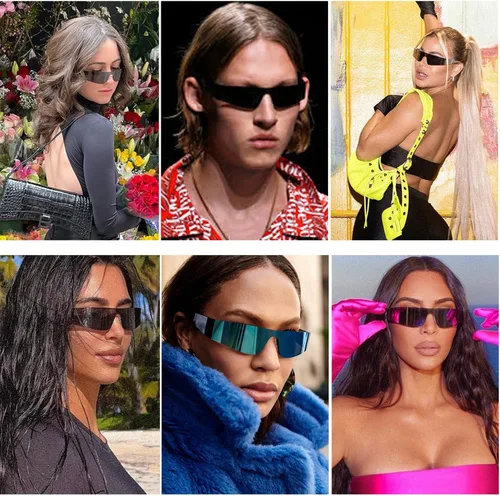 Vista 3 de Hycredi Y2K - Lentes de sol envolventes futuristas sin montura para mujeres y hombres lentes de visera de una pieza persianas Cyber Punk