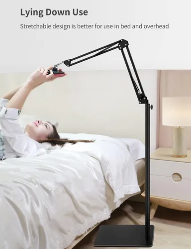 Vista 7 de BluuSuuk Soporte para Tablet en Piso con Base de Doble Peso, Montura para Cama y Teléfono con Brazo Ajustable y Extensible, Compatible con iPad Mini