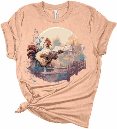Vista 2 de Camiseta de manga corta para mujer, diseño de gallo tocando la guitarra