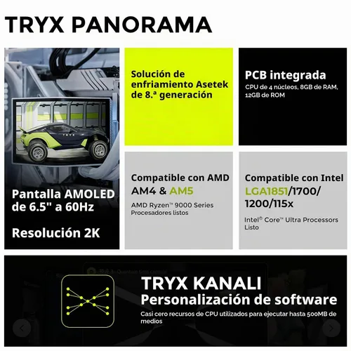 Vista 2 de TRYX Panorama 280 Blanco 280mm AIO Pantalla AMOLED L-Forma de 6.67'' Efecto 3D Anamorfo Display Personalizable Enfriador AIO 280mm Bomba Asetek 8ª