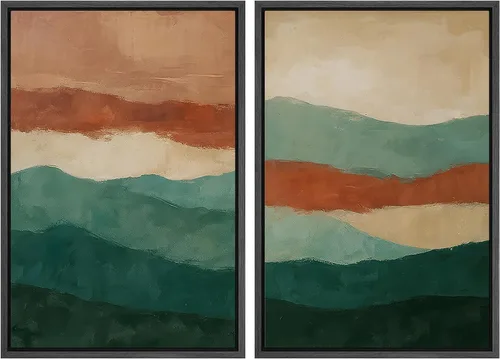 Vista 64 de Ashbrook - Set de arte de pared en lienzo enmarcado, tonos orgánicos de la tierra en beige y marrón con ilustraciones de trazos circulares, arte