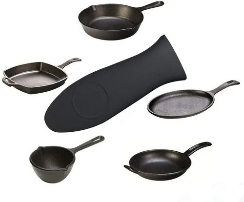 Vista 4 de 2 cubiertas de silicona con mango caliente, 2 raspadores de plástico para parrilla, 2 raspadores de sartén de plástico para sartenes de hierro Negro