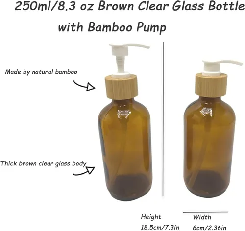 Vista 2 de 2 unidades de 8.5 fl oz/8.3 oz vacías recargables de vidrio marrón botella contenedor contenedor viales almacenamiento de olla con cabezal de bomba