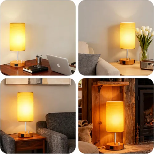 Vista 7 de HiBay Lámpara de mesita de noche regulable de 17.75 pulgadas con estación de carga, 2 puertos USB y salida de CA, luz rústica de grano de madera