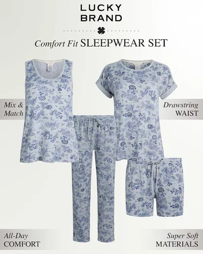 Vista 2 de Lucky Brand Conjunto de pijama para mujer, 4 piezas, camiseta sin mangas, pantalones de pijama, pantalones cortos de descanso (S-XL)