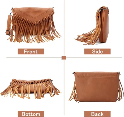 Vista 2 de Bolso Hobo con flecos para mujer, bolso de hombro con borla vintage, bolsos negros con borlas