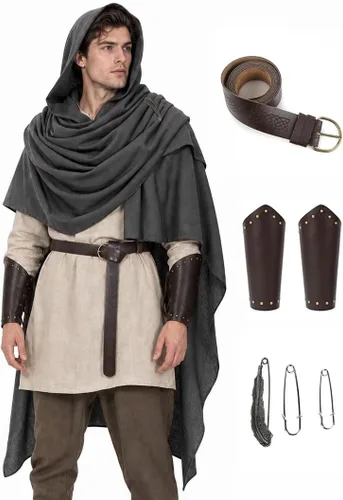 Vista 10 de JPXH Conjunto de bufanda con capucha con cinturón y muñequeras para cosplay medieval Marrón