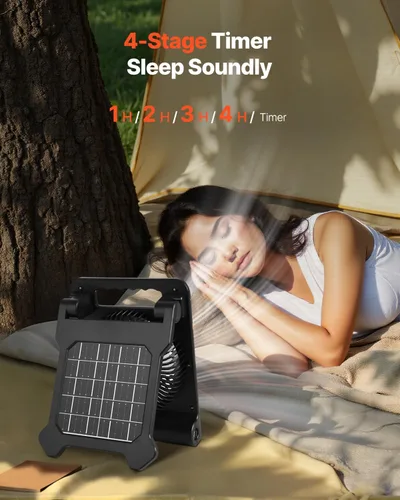 Vista 4 de VEVOR Ventilador solar recargable de 10000 mAh con linterna LED, ventilador portátil de 7 pulgadas inalámbrico con panel solar plegable de 4 W, 4