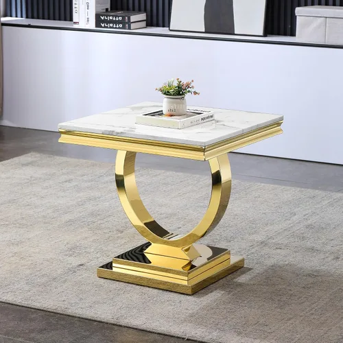Vista 14 de Mesa de centro de lujo de mármol sintético con base en U de Mármol A-blanco oro15
