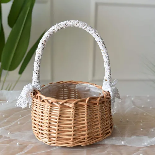 Vista 9 de Cesta de mimbre de ratán para flores, juego de 2 cestas de boda para niña, cesta tejida a mano de sauce con asas e inserto de plástico, cesta