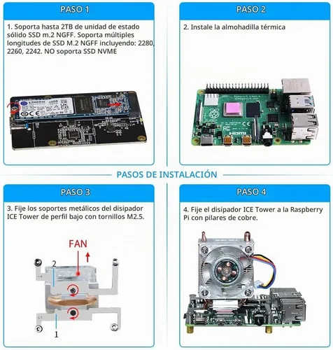 Vista 8 de GeeekPi Kit NAS de mini torre para Raspberry Pi, enfriador de torre PI ICE con ventilador PWM RGB, placa de expansión M.2 SATA SSD, placa