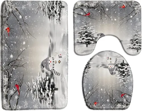 Vista 9 de GCTNBJL Juego de 3 alfombrillas de baño para árbol de Navidad, diseño de copo de nieve, rojo, gris, dibujos animados, invierno, vacaciones, baño