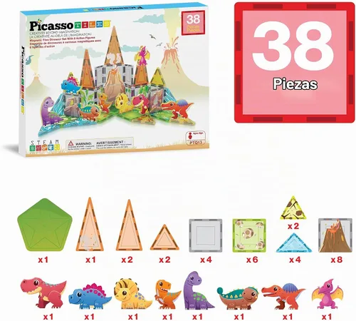 Vista 3 de PicassoTiles - Juego de 38 piezas de bloques de construcción con azulejos magnéticos, tema de dinosaurios, con 8 figuras de acción magnetizadas