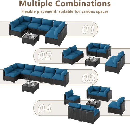 Vista 4 de Juego de 7 muebles de patio al aire libre, sofá seccional al aire libre, muebles de mimbre para patio, juego de conversación de patio con mesa