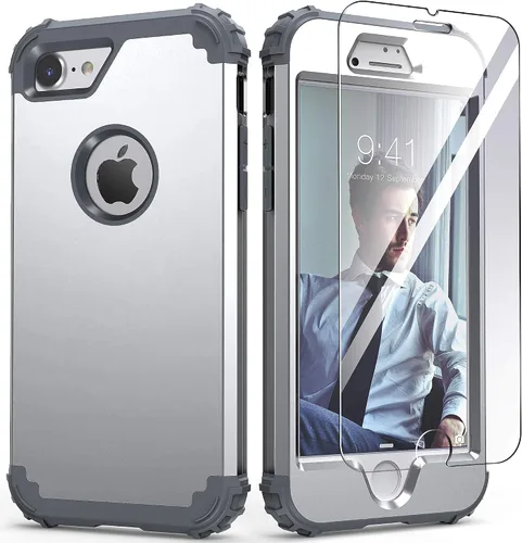 Vista 21 de IDweel Funda para iPhone 8 con Protector de Pantalla de Vidrio Templado, para iPhone 7, 3 en 1, Resistente a Golpes, Delgada, Híbrida, de Servicio