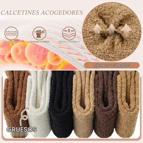 Vista 5 de YSense Calcetines mullidos y mullidos para mujer, 6 pares, calcetines de Negro Marrón Blanco Caqui