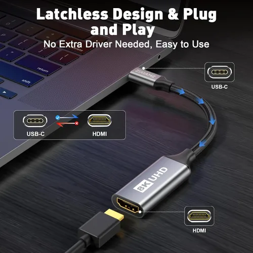 Vista 7 de Adaptador unidireccional USB C a HDMI 2.1 de 48 Gbps, 8K@60Hz, 4K a Gris