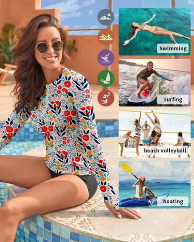 Vista 5 de WOWENY Camiseta de natación de manga larga UPF 50+ para mujer, con agujeros para el pulgar, protección solar UV, traje de baño sin parte inferior ni