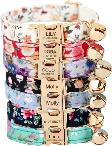 Vista 11 de Collar de gato reflectante personalizado con campana y hebilla separable, nombre grabado y número de teléfono