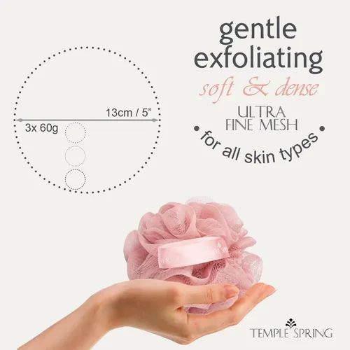Vista 2 de Temple Spring Esponja de malla suave para ducha, paquete de 3 (2.12 onzas cada uno), exfoliante corporal suave para espuma rica y piel suave