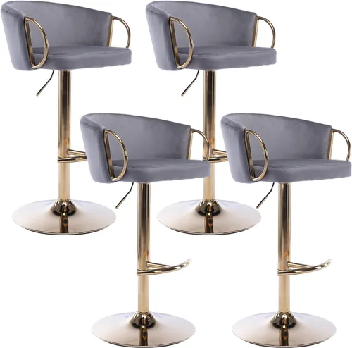 Vista 11 de Juego de 2 taburetes de bar, modernos taburetes de bar giratorios ajustables con respaldo y brazos dorados, taburete de bar tapizado de terciopelo