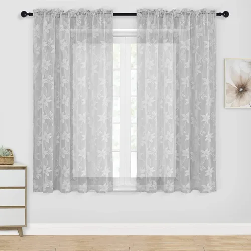 Vista 46 de DWCN Paquete de 2 cortinas traslúcidas pequeñas de encaje floral beige para cocina, cortinas traslúcidas ligeras con bolsillo para barra, cortinas