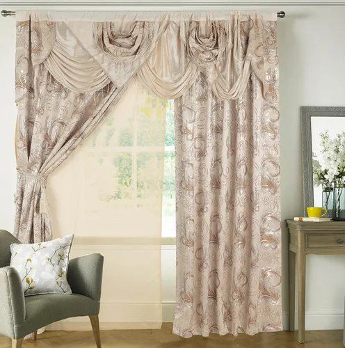 Vista 5 de GLORY RUGS Juego de cortinas de jacquard de lujo con cenefa adjunta y respaldo, para dormitorio, sala de estar, comedor, 2 cortinas beige, 55 x 84