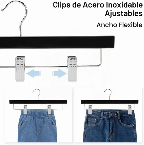 Vista 3 de AMKUFO 20 piezas de perchas de madera para pantalones, perchas sólidas para pantalones con clips ajustables de 14 pulgadas, perchas de madera negra